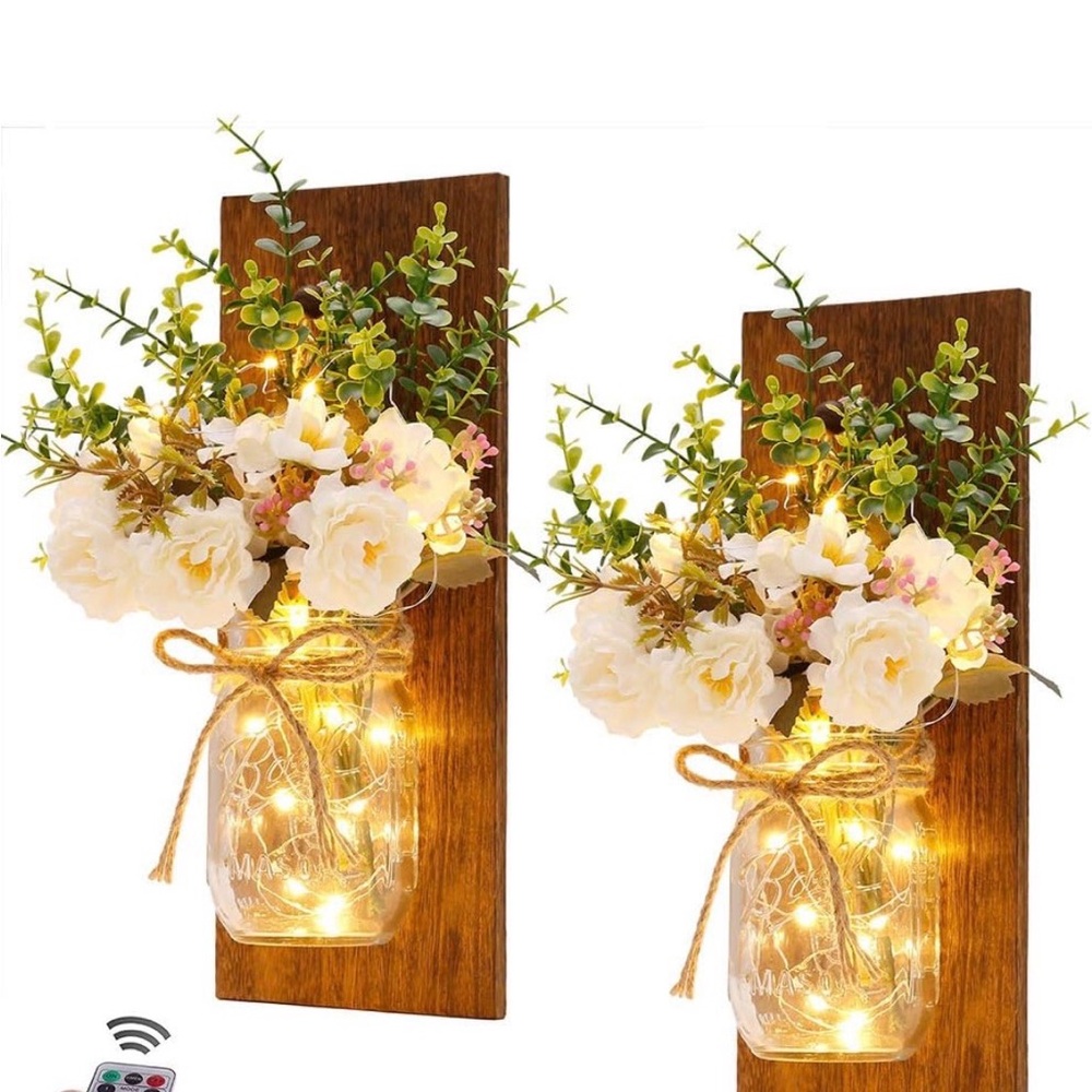 2 Rustic  Mason Jar Wall Sconces with LED Lights